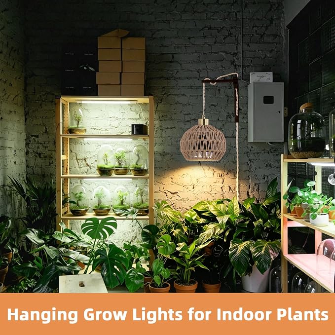 Hanging Grow Lights for Indoor Plants - 35W 4000K Full Spectrum Plant Light, Wall Mounted Grow Light with Wooden Bracket, Timer, 15FT Power Cord, Ideal for Plants, Flowers & Home Decor