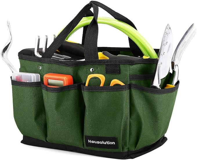 Housolution Gardening Tote Bag, Deluxe Garden Tool Storage Bag and Home Organizer with Pockets, Wear-resistant & Reusable, 12 Inch, Dark Green