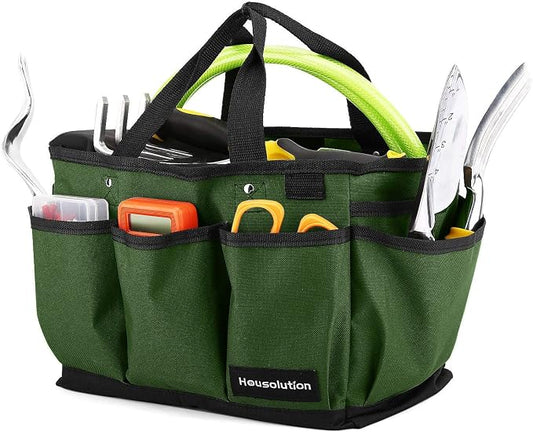 Housolution Gardening Tote Bag, Deluxe Garden Tool Storage Bag and Home Organizer with Pockets, Wear-resistant & Reusable, 12 Inch, Dark Green
