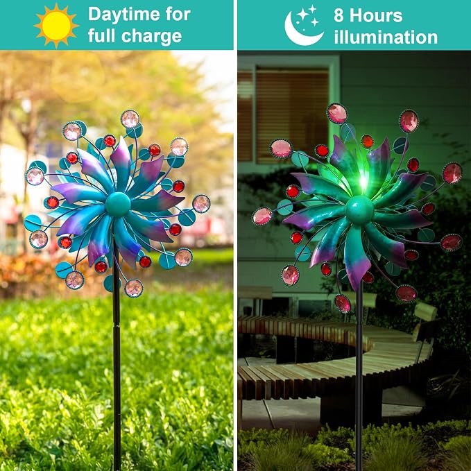 Solar Wind Spinner Outdoor - Metal Kinetic Wind Sculptures with Sparkling Jeweled Ornaments, Blue & Purple Gradient Dual-Direction Spinner, Solar LED Glass Ball Yard Art for Garden Patio Decor
