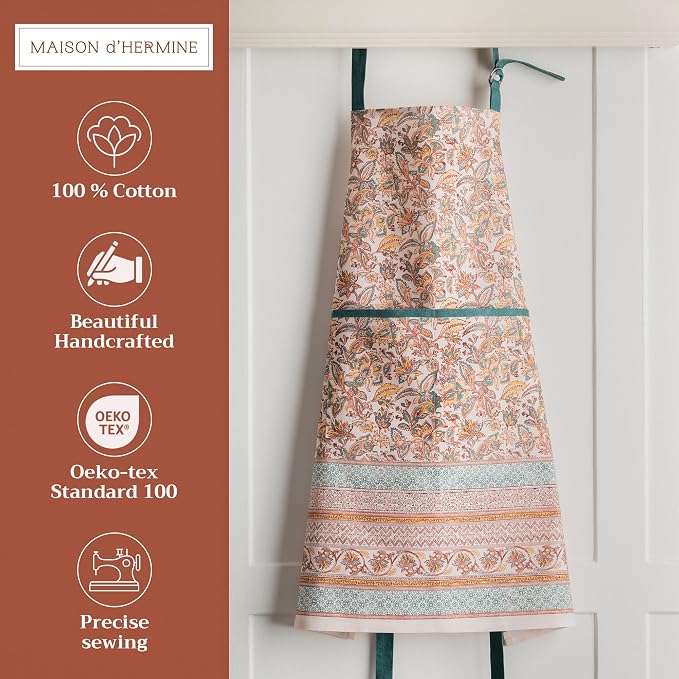 Maison d' Hermine Aprons for women with Pocket 100% Cotton (27.50"x31.50") | Adjustable Neck Strap & long ties Apron Men Chef Wedding Cooking Gardening Server Maid