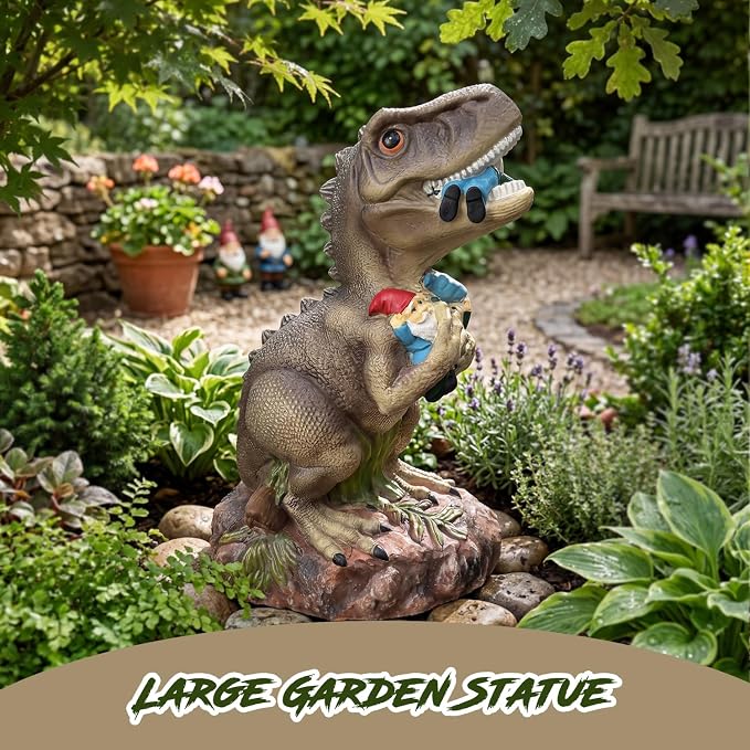 Dinosaur Statue with Gnomes, 16“ Large Outdoor Garden Statues Yard Decor, Funny Dinosaur Holding Gnomes Figurines for Patio Lawn, Weatherproof Gnome Decorations for Home, Unique