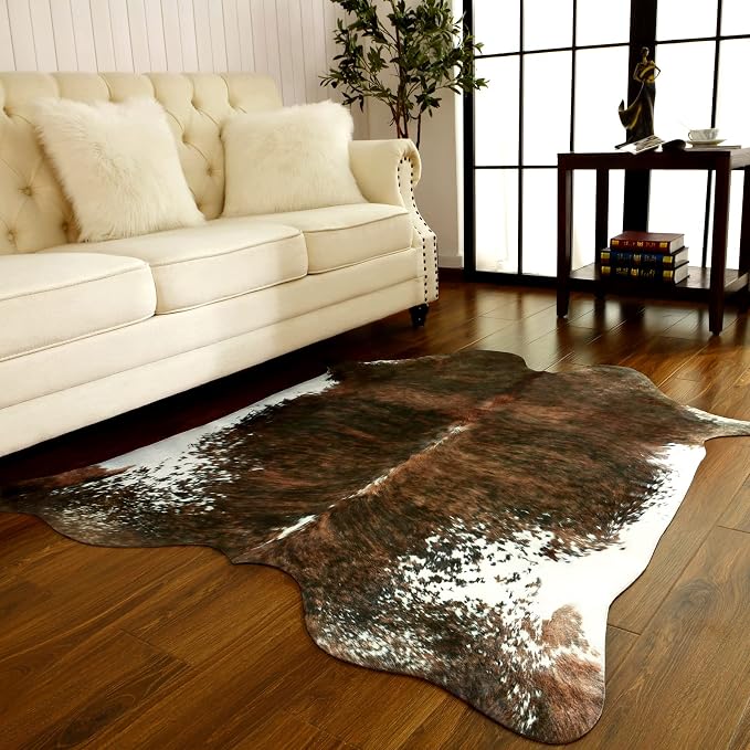 BENRON Faux Cowhide Rug, Cow Print Rug for Living Room Bedroom 4.6x5.2ft | Western cow hide rug for Cowboy Cowgirl Home Decor, Washable Rugs with Irregular Animal Skins and Hides Non Slip, Olive Green
