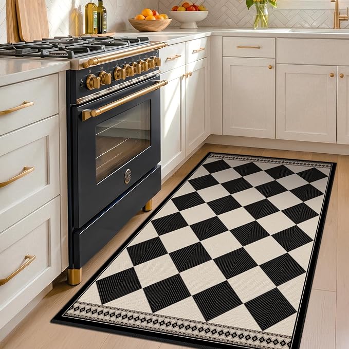 Black and White Diamond Outdoor Easy Jute Front Porch Rug 3x5, Washable Non-Slip Checkered Entryway Rug, Modern Farmhouse Boho Low Pile Indoor Beige White Carpet for Living, Kitchen, Mudroom, Laundry