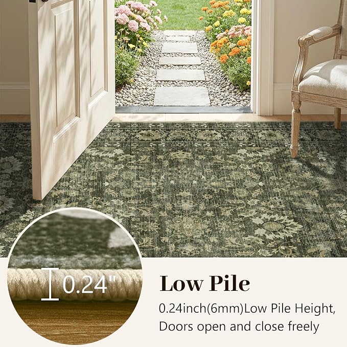 6x9 Ft Large Area Rugs for Living Room, Soft Non-Slip Machine Washable Rug, Vintage Stain Resistant Carpets for Bedroom Nursery Dining Room Home Decor (Green)