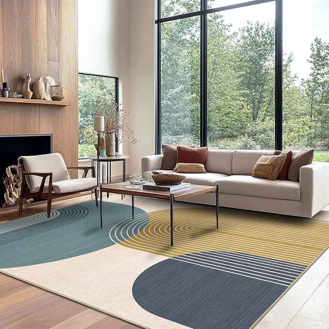 8x10 Large Area Rug for Living Room BohoRug Bohemian Rugs Machine Washable Modern Geometric Rug Non Slip Printed Low Pile Indoor Floor Carpet for Dining Room Bedroom Office,Blue