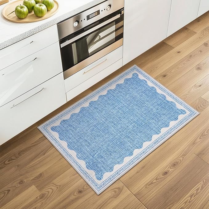 2x3 Scalloped Area Rugs Blue Washable Entryway Bedroom Rug | Solid Small Area Rug Non Slip Scalloped Bath Mat, Front Door Mat Indoor Entrance,Soft Girls Nursery Dorm Carpet for Kitchen