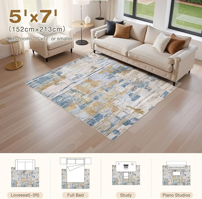 kakania Abstract 5x7 Area Rugs for Living Room: Washable Rugs Blue | Soft, Non-Slip, Low-Pile, Pet & Kid Friendly - Modern Home Decor Carpet for Bedroom/Dining Room/Office/Nursery