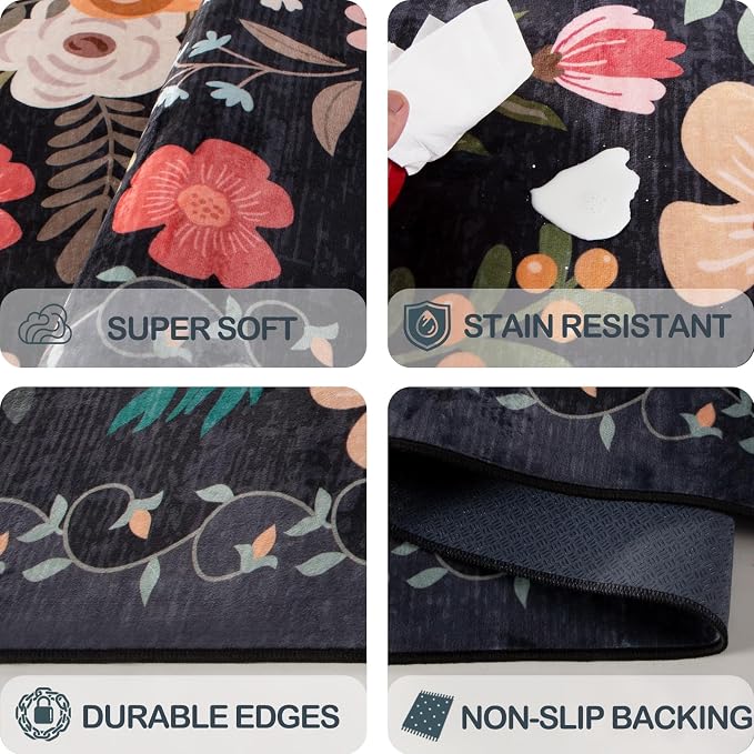 Extra Large 10x14 Area Rug for Living Room, Washable Rugs for Dining Room, Bedroom, Non Slip Stain Resistant Carpet, Low Pile Vintage Floral Rug (Black)