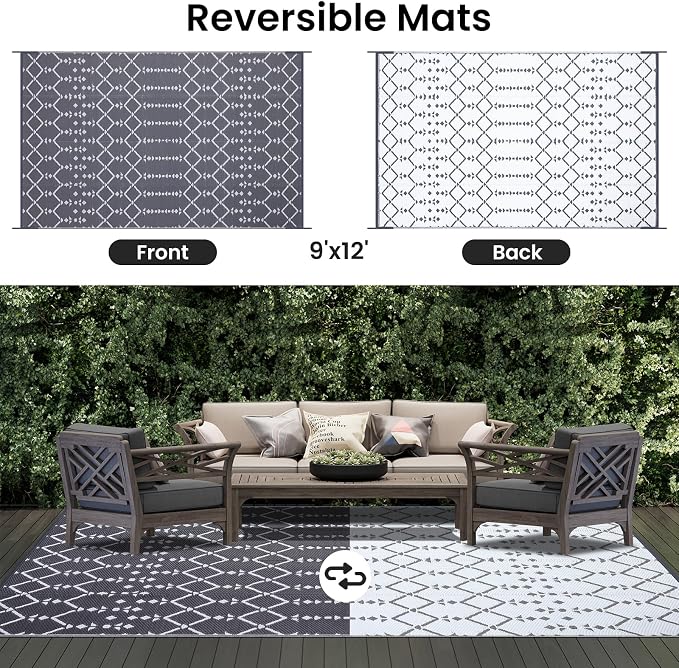 Smiry Outdoor Rug 9x12 ft, Waterproof Reversible Plastic Straw Rugs, Boho Outdoor Area Rug, Outside Floor Mat for Patio, Backyard, Deck, Picnic, Beach, Camping, Grey
