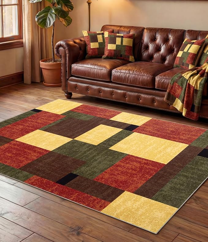 Red and Green Rug 3x5, Burgundy Farmhouse Vintage Rugs Washable for Living Room,Burnt Orange Area Rug Non Slip,Geometric Boho Area Rug for Kitchen,Dining Room,Bedroom