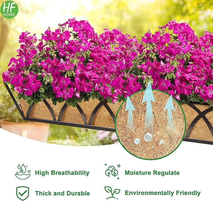 HFHOME 2 Pcs 30" Deck Railing Planter Box with Horse Trough Coco Liners, Black Window Box Metal Hanging Flower Planters Baskets for Indoor, Outdoor, Balcony, Porch, Fence, Patio, and Lawn