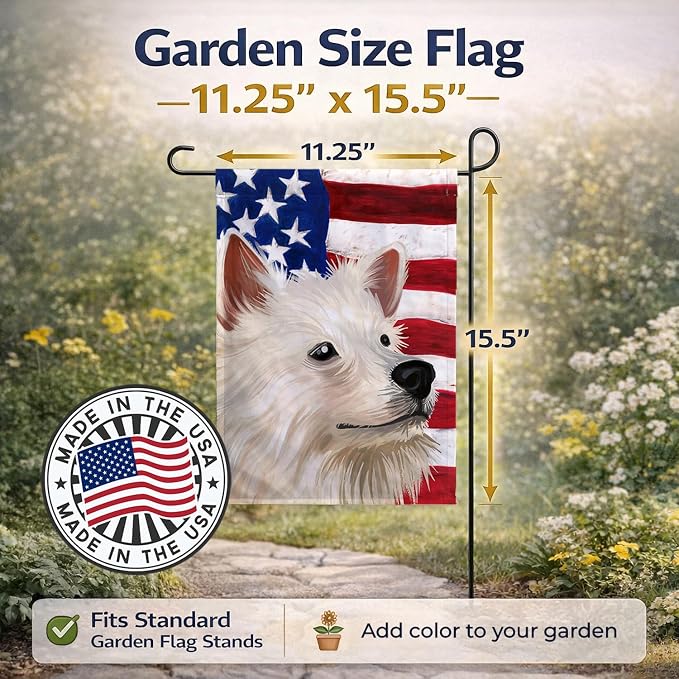 Caroline's Treasures CK6568GF Indian Spitz Dog American Flag Garden Flag Mailbox Flag Decorative Yard Flag Banner Outside Patio Artwork Yard Flower Beds, Garden Size, Multicolor