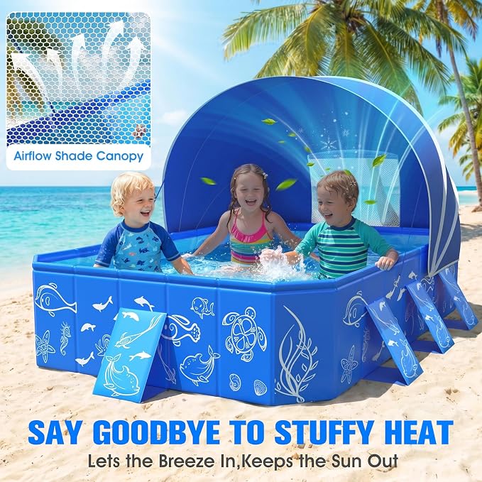 2026 Kiddie Pool with Canopy,Baby Beach Pool for Toddler53×40×33IN | Non-Inflatable Portable Pool for Kids,Foldable Toddler Pool with Shade,Kiddie Pool for Backyard,Pop Up Baby Swimming Pool
