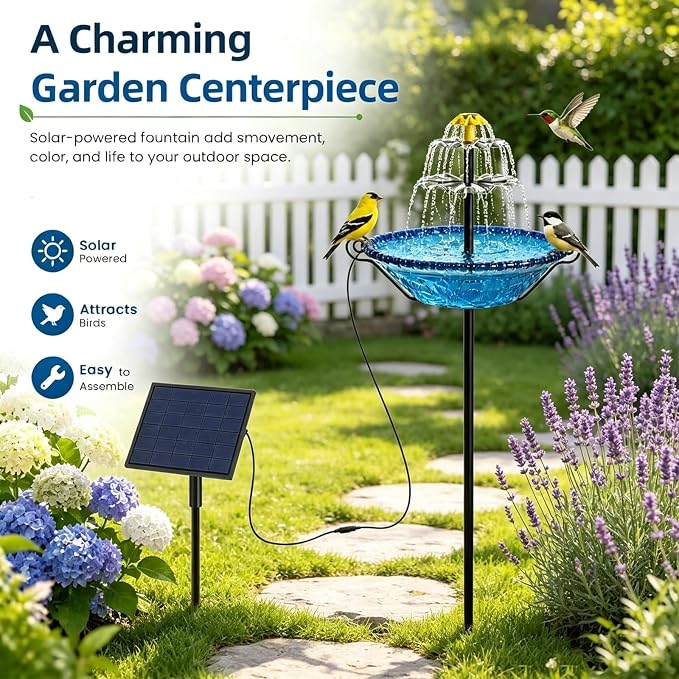 Solar Bird Bath Fountain for Outside,Plastic Birdbath with Metal Stand and Hook,New Spray System Outdoor Water Fountain,Floor-Standing and Wall-Mounted for Garden, Yard, Patio & Lawn Decor (Blue)