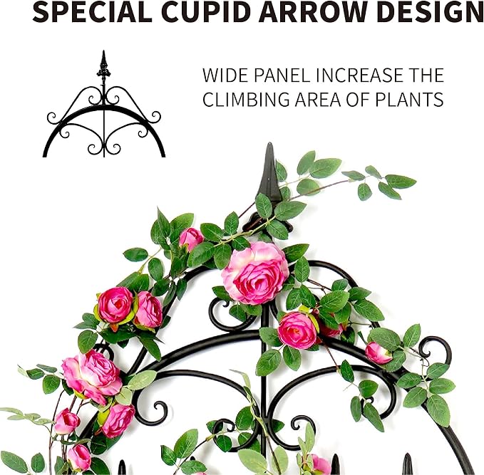 Trellis for Climbing Plants, 60" H x 21.7" W Heavy Duty Metal Trellis, 5FT Rustproof Black Iron Vine Support Trellis with Ground Stakes, Decorative Cupid Arrow Design for Roses, Vines