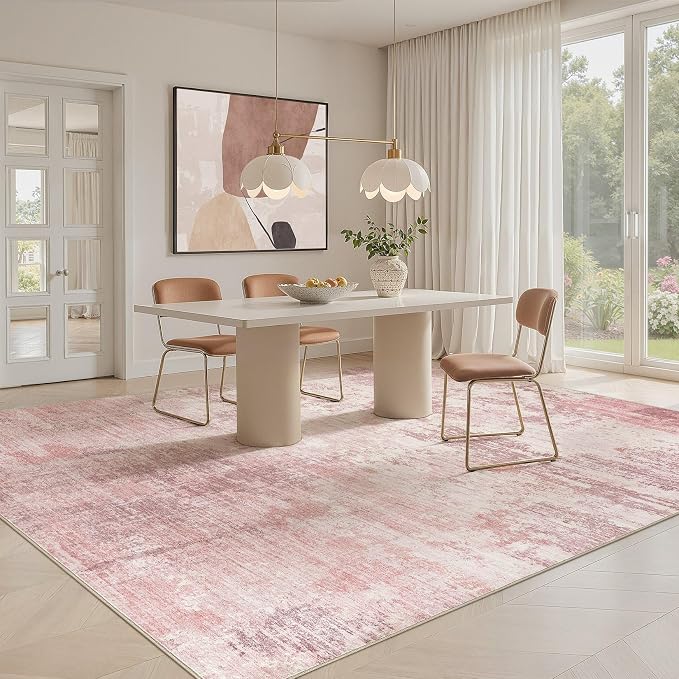 UERMEI 9x12 Area Rug Living Room Rugs - Washable Neutral Modern Abstract Soft Thin Large Rug Indoor Floor No Slip Rug Carpet for Bedroom Under Dining Table Home Office Decor - Pink
