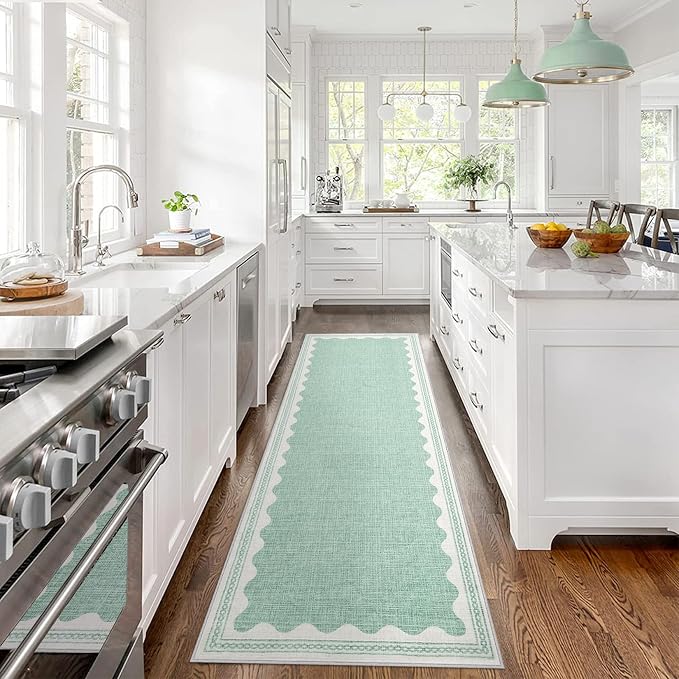 2.5x8 Scalloped Runners Green Washable Hallways Bedroom Rug | Solid Non Slip Scalloped Bath Runner, Rugs for Bedroom Girls, Rugs for Kitchen Floor Soft Dorm Nursery Carpet for Bedside