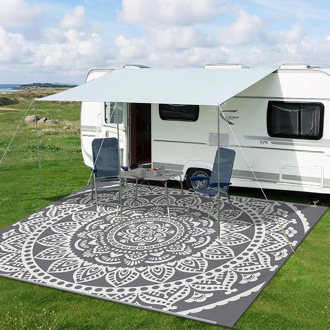 Bsmathom Waterproof Outdoor Rug 9x12 ft Large Reversible Boho Plastic Straw Patio Deck Camping Rugs, Indoor Outdoor Portable RV Mat Carpet for Outside, Porch, Balcony, Backyard, Beach, Pool,Grey