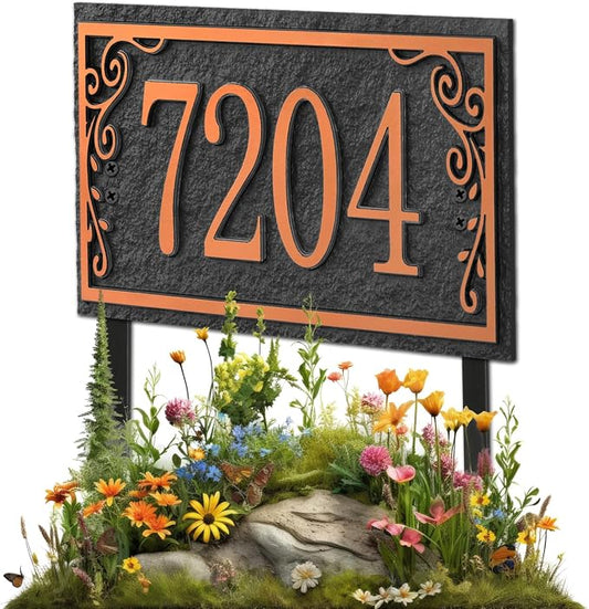 Lawn Address Sign Plaque - Personalized House Number Plaque Sign,Address Numbers for House Large Option Stakes Included (Black/Red Copper)