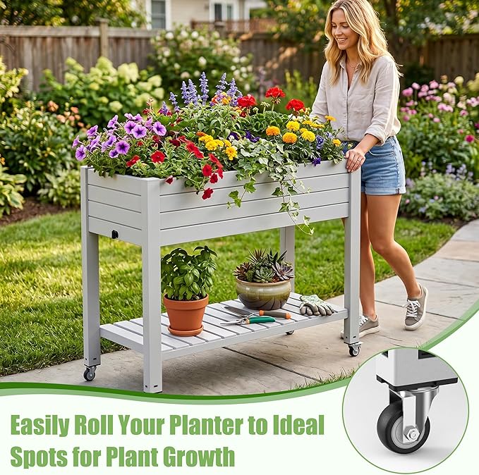 EFU Raised Garden Beds Outdoor, with Wheels & Extra Storage Shelf, Water Level Monitoring, Elevated Garden Bed, 21 Gallon Planter Raised Beds for Vegetables, Fruits, Backyard, Patio (Grayish White)