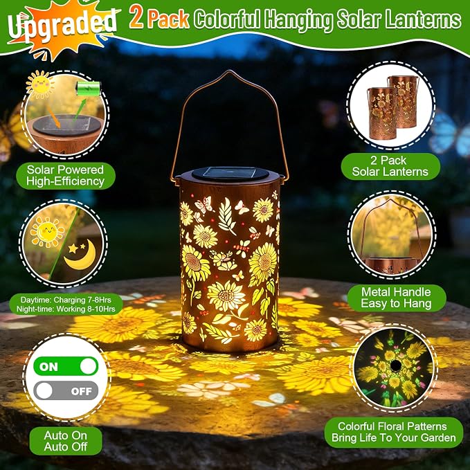2 Pack Upgraded Colorful Sunflower Solar Lanterns Outdoor Waterproof, Decorative Metal Hanging Solar Lantern for Patio Porch Courtyard Tabletop Pathway Garden Decor, Ideal Gifts for Mom Wife Grandma