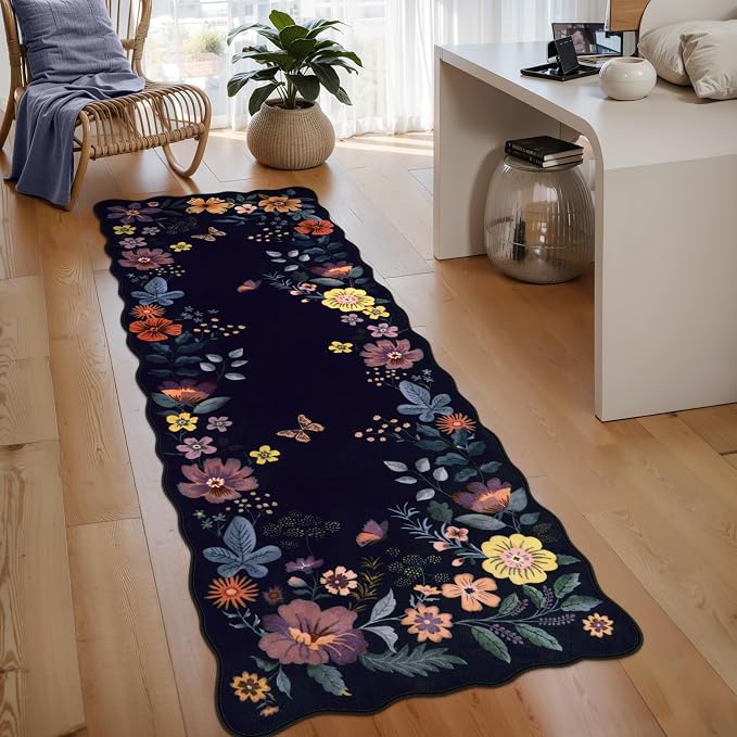 Lahome Floral Kitchen Runner, 2X6 Purple Washable Runner Rug Non-Slip | Ultra-Thin Soft Hallway Rug Stain Resistant Boho Low-Pile Carpet for Laundry Bathroom Bedroom Flore (2x6ft, Purple)