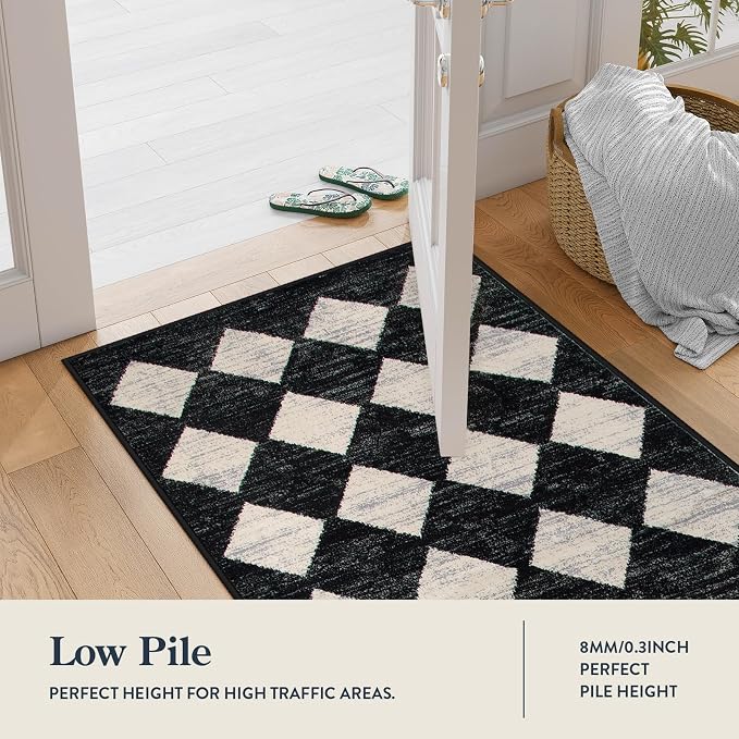 Lahome Zelie Moroccan Trellis Area Rug - 3x5 Washable Black Entry Rug Non Slip Living Room Mat, Distressed Lattice Soft Stain Resistance Indoor Throw Carpet for Front Door Foyer Bedroom Bathroom