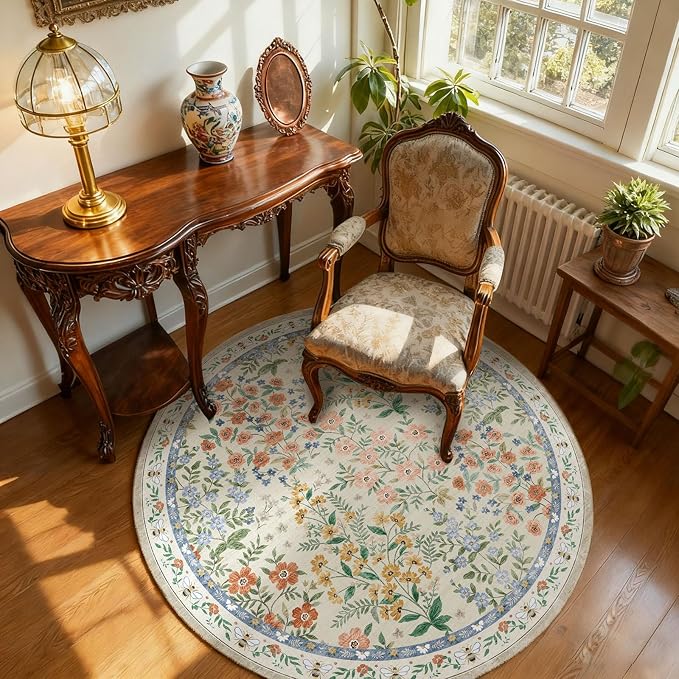Washable Round Rugs for Bedroom 4ft: Living Room Rug Stain Resistant Non Slip Low Pile Ultra Soft Faux Wool Small Circle Rugs for Entryway Kitchen Bathroom Nursery Dorm Home Office Entrance Indoor