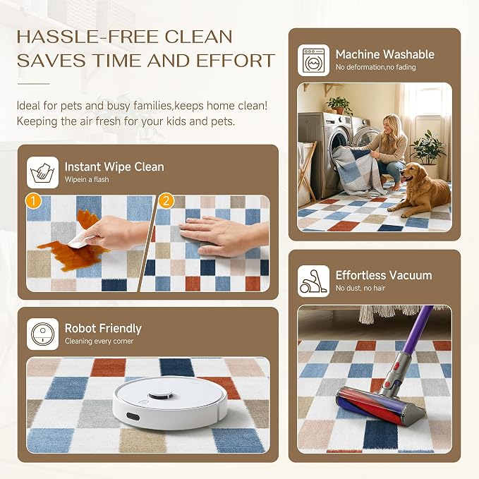 Colorful 8x10 Washable Area Rug Living Room Large Non Slip Carpet | Soft, Low Pile, Modern, Pet Friendly, Indoor Rugs for Bedroom, Office, Nursery, Dining Room, Kids Room
