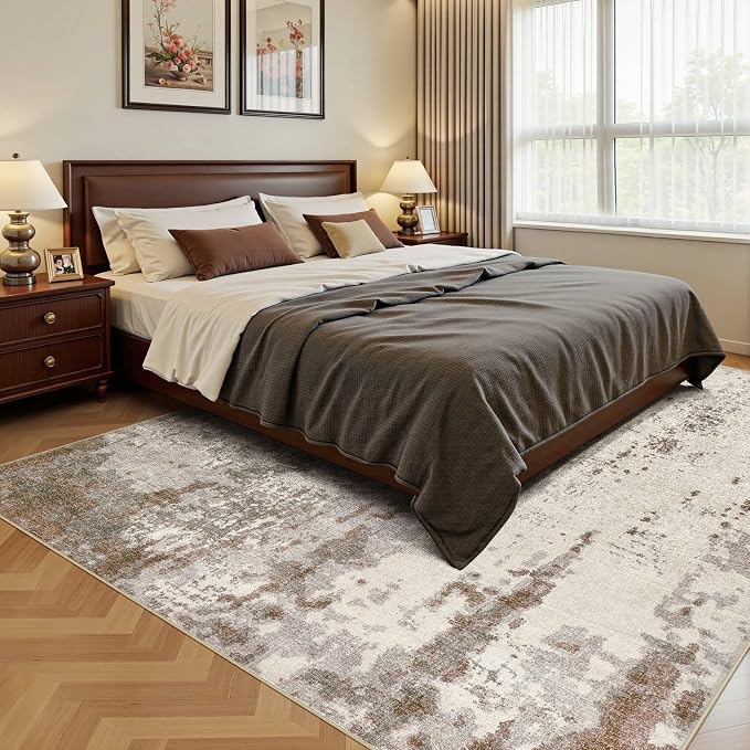 UERMEI 10x14 Area Rug Living Room Rugs - Washable Neutral Modern Abstract Soft Thin Rug Indoor Floor No Slip Rug Carpet for Bedroom Under Dining Table Home Office Decor - Brown/Grey/Beige