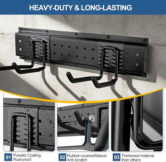 49.5'' Garage Tool Organizer Wall Mount Load 520Lbs with Heavy Duty 14Hooks | 520lbs Heavy Duty Garden Tool Organizer, Garage Wall Organizer for Garden Tool Yard Tool Shovel Rake Broom Ladder