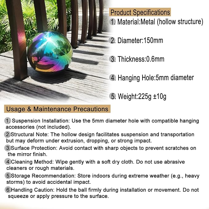 Rainbow Gazing Globe Mirror Ball, Metal Shiny Hollow Sphere Sparkling Housewarming Outdoor Ornament (6 Inch)
