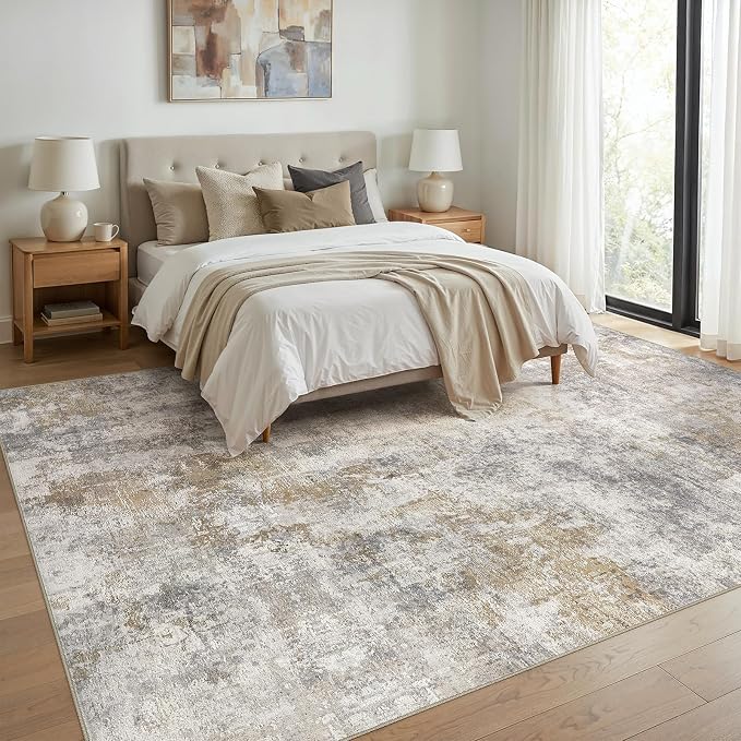 10x14 Area Rug Washable Abstract Rugs for Living Room Light Brown/Grey | for Bedroom, Dining Room, Office, Nursery, Soft Neutral, Low Pile Non-Slip, Kid Pet Friendly, Large Indoor Carpet, Home Decor
