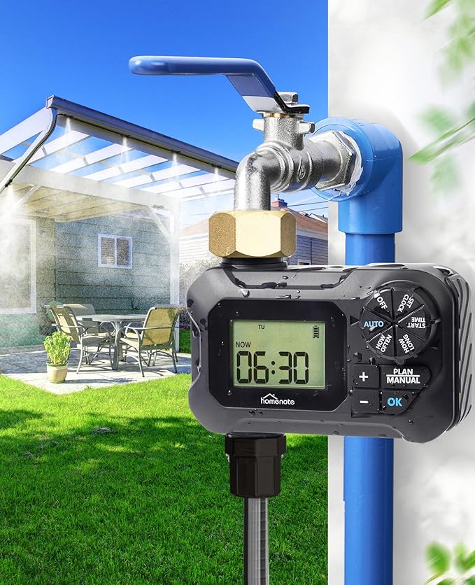 homenote Automatic Misting Cooling System with Timer, 46FT Misting Line, 10 Brass Nozzles, and 3/4" Brass Adapter for Patio Cooling and Garden Watering
