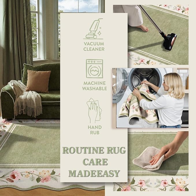 Lahome Floral Scalloped Rug 5x7, Green Rugs for Living Room Ultra-Thin, Vintage Boho Washable Area Rug 5x7 Soft Bedroom Rugs Non-Slip Throw Carpet for Farmhouse Dining Room Playroom Ariele