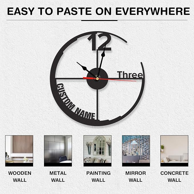 Personalized Outdoor Wall Clock, Custom Name Silent Non Ticking Clock, Battery Operated, Waterproof Modern Black Metal Wall Clocks for Patio, Pool, Garden, Living Room Decor, Housewarming Gift