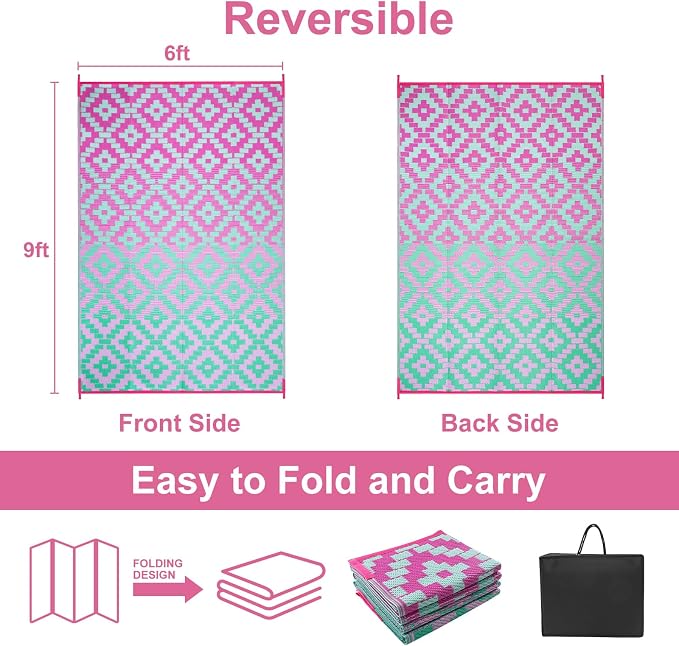Anidaroel Ombre Outdoor Rugs for Patios Clearance Waterproof, 6x9 Reversible Geometric Plastic Straw Outside Area Rugs, RV Camping Mat for Balcony, Pool Deck, Picnic, Backgard(Green&Pink,6‘x9')