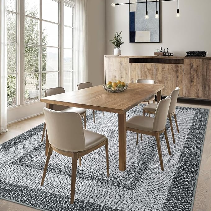 RUGSREAL 10x13 Large Living Room Rug Washable Braided Print Bedroom Rugs | Throw Carpet Farmhouse Rustic Dining Room Non Slip Geometric Bordered Carpet for Home Decor Office, Grey