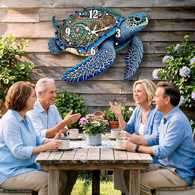 Sea Turtle Outdoor Clock – Silent Vibrant Color Waterproof PVC, Nautical Coastal Decor Wall Clock for Patio, Pool, Garden, Bathroom & Indoor, 11.3"x15.2"