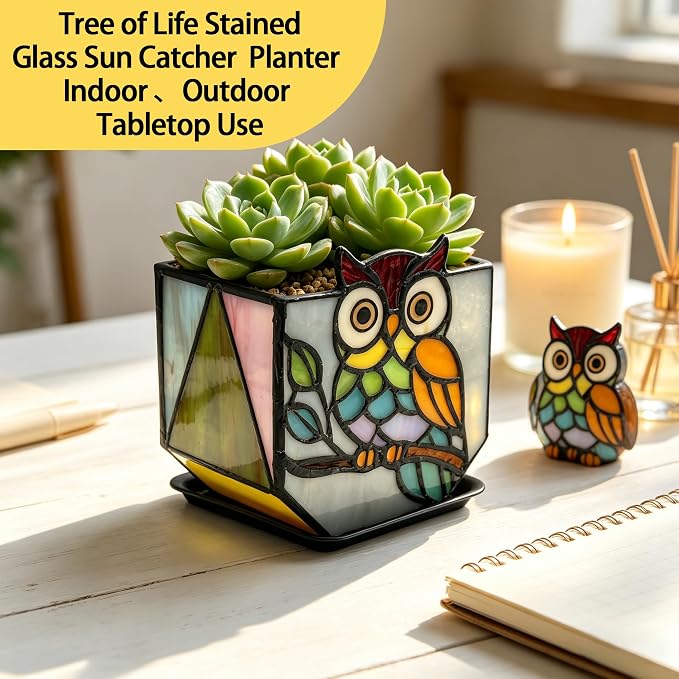 Stained Glass Owl Planter, Indoor Plant Pot with Drainage Hole, Cute Plant Pots,Owl Gifts for Women