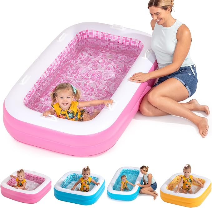 3-in-1 Premium Inflatable Kiddie Pool, Ball Pit & Tanning Pool, Soft Cushioned Floor, Handles, Drain, Shallow Rectangular Blow Up Swimming Pool for Kids, Small Backyard Tanning Pool - 65"x39"x10"