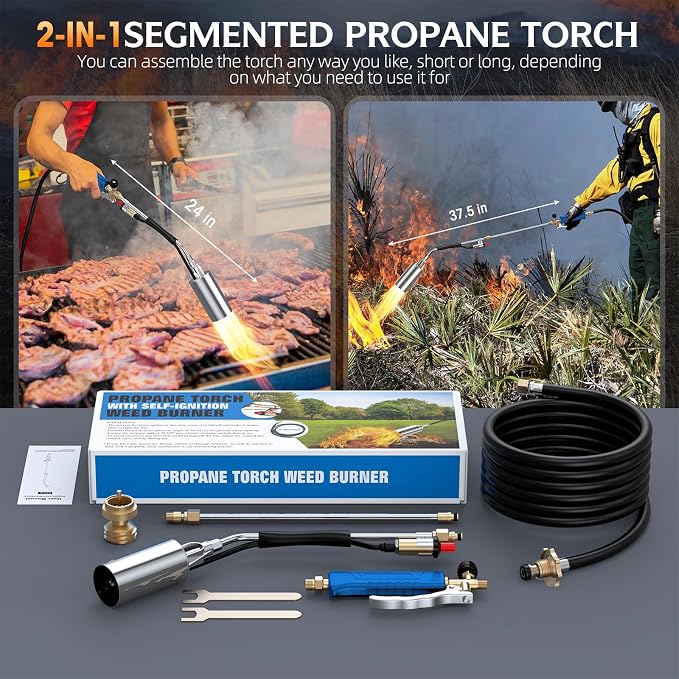 Propane Weed Torch Burner with 11.5FT Hose, Self-Igniting Heavy Duty Flame Weeder with Turbo Trigger, Adjustable Outdoor Torch for Driveway, Garden, Yard, Ice and Snow (Blue)
