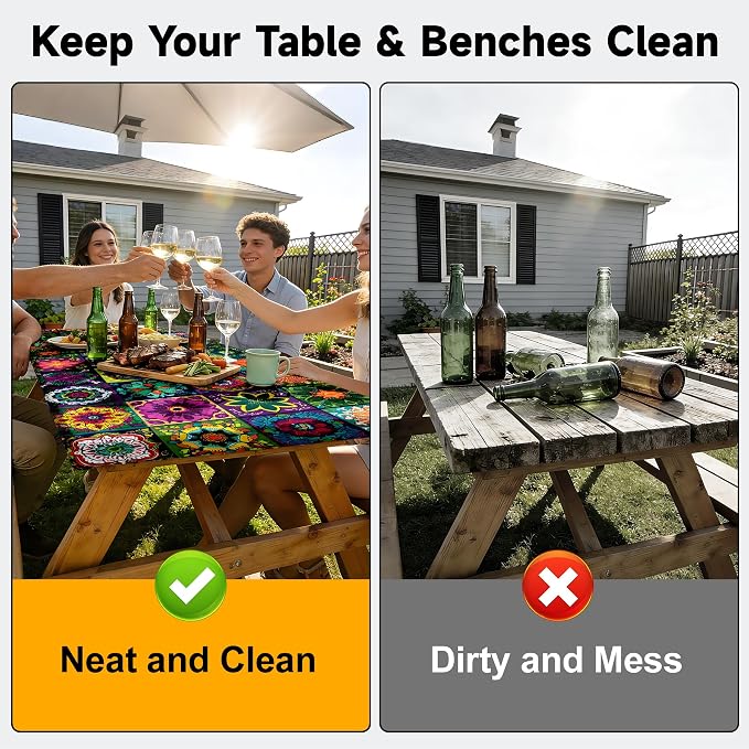 NYZE 3 Pieces Picnic Table Cover with Bench Covers Set, Camping Tablecloth, Tablecloth Cover with Drawstring Bag, Camping Essentials for Outdoor Picnics, Patio, BBQ (Colorful Mandala)