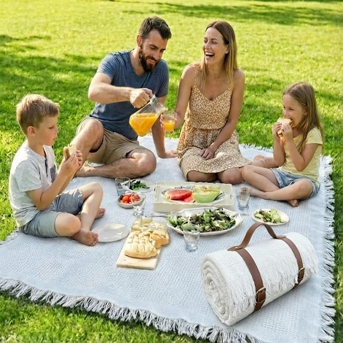 White Picnic Blanket, Extra Large Soft Cotton Gauze Picnic Rug 71"x71", Lightweight Breathable Blanket with Leather Handle, Machine Washable for Beach, Camping, Park, Couples (Cream)