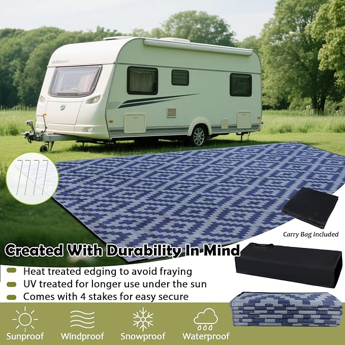 SAND MINE Reversible Mats, Plastic Straw Rug, Modern Area Rug, Large Floor Mat and Rug for Outdoors, RV, Patio, Backyard, Deck, Picnic, Beach, Trailer, Camping, Dark Blue & Grey, 10' x 14'
