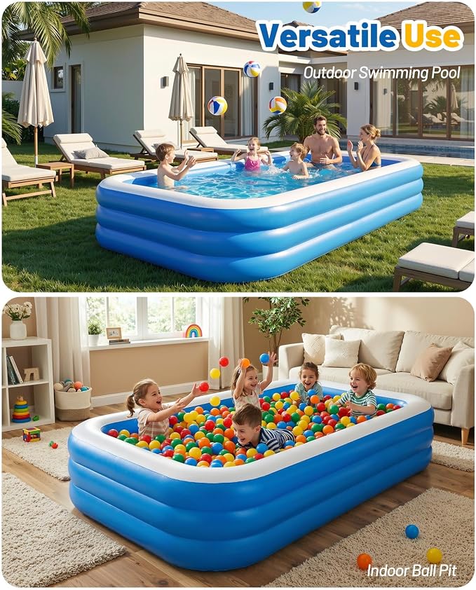 HeySplash Inflatable Pool, Swimming Pool 118" x 69" x 24" Blue | Thickened Blow Up Pool with Canopy, Large Family Pool for Outdoor Backyard Garden Party Summer Fun Adults Kids