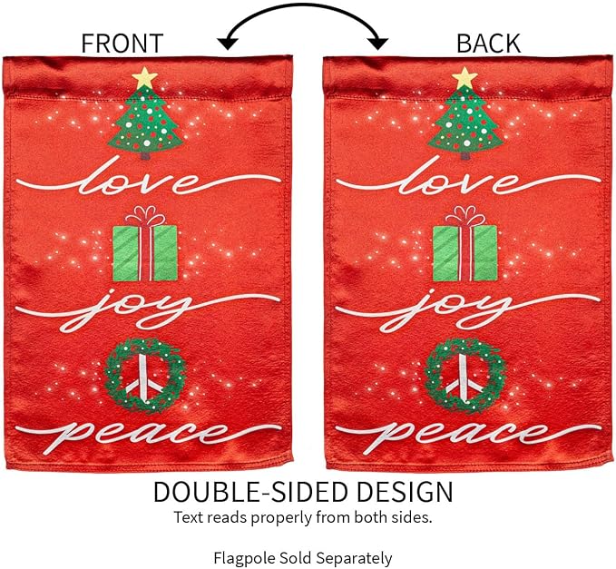 Evergreen Flag Love, Joy, Peace Lustre Garden Flag 12x18 Inches Double Sided | Christmas Garden Flag for Outside | Weather and Fade Resistant | Outdoor Flag For Yards and Gardens