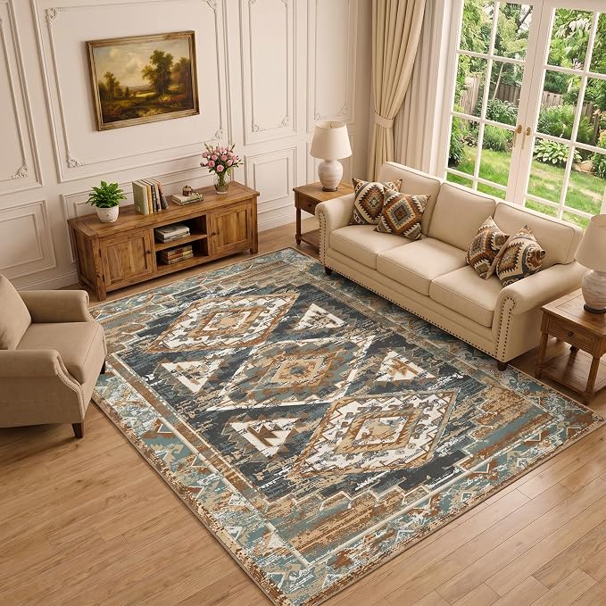 Washable 6x9 Area Rug for Bedroom, Rustic Farmhouse Low-Pile Non-Slip Carpet, Stain Resistant Vintage Southwestern Rug for Living Room Dining Room, Blue Rust Ivory
