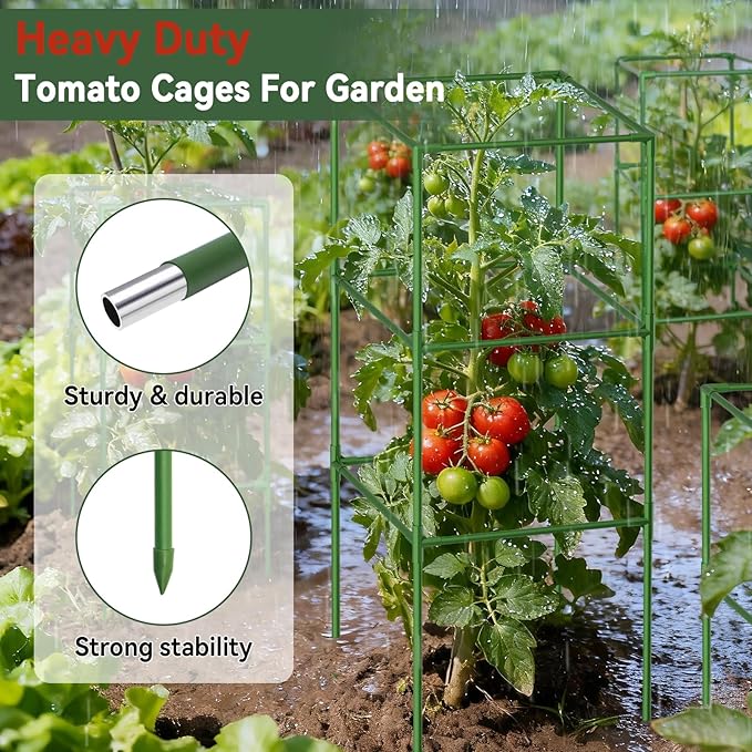 Halatool 2 Pack 60 Inches Square Tomato Cages for Garden, Heavy Duty Adjustable Metal Tomato Trellis for Climbing Plants – Green Plant Support Stakes for Vegetables Flowers Fruits & Raised Bed Outdoor